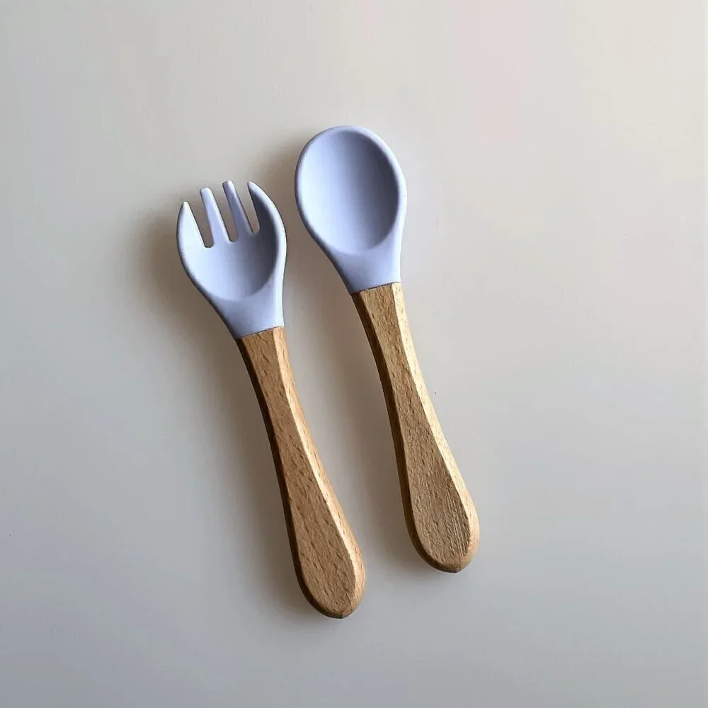 NEW SILICONE WOODEN FORK AND SPOON SET